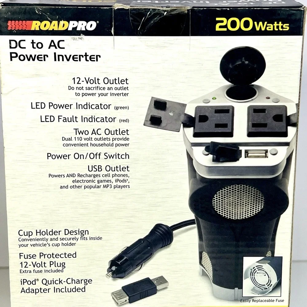 Vintage‎ RoadPro DC to AC Power Inverter Drive 200 Watts Cup Holder Design NEW